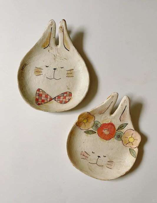 Little Rabbit Plate and Little Rabbit Cup Cute and Cute Cat Expression Water Cup Handmade Set Meal（4pieces）