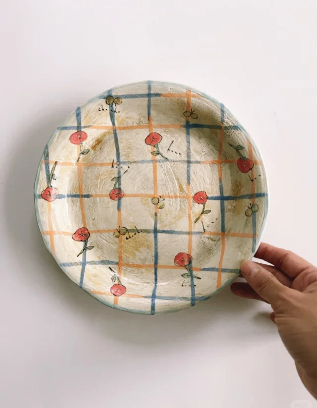 Ceramic plate, ceramic plate, grid and flower combination, hand-painted ceramic（2 pieces）